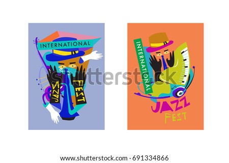 Colorful international jazz festival. Musicians, singers and musical instruments poster set flat vector illustration. Poster template for jazz and music events.