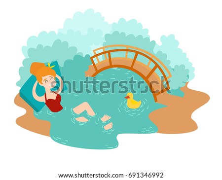 Blue lagoon Icelandic landmark vector icon. Cartoon woman swim at hot fountain. Vector illustration, isolated on white background