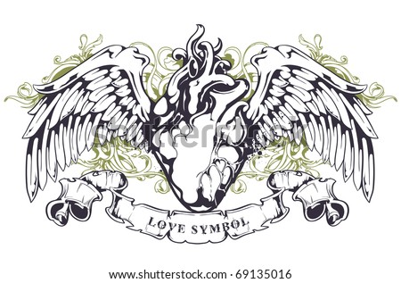 Anatomical heart with wings, ribbon and flourish pattern. Grunge style. Layered. Vector EPS 10 illustration.