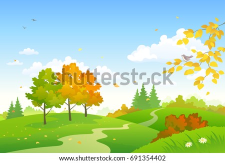 Vector cartoon drawing of a colorful autumn woodland