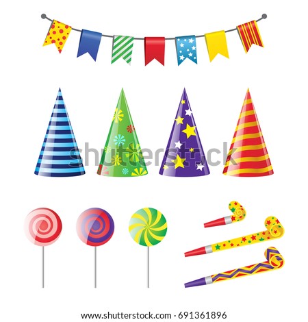 Party Elements - realistic modern vector set of different holiday objects. White background. Clip art for birthday invitation, card design. Colorful flags, banners, pointed hats, lollypop, whistle.