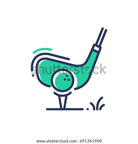 Golf - modern vector single line design icon. An image depicting a golf club and ball on a tee ground ready to swing, green color, white background. Promote and present your favorite sport.