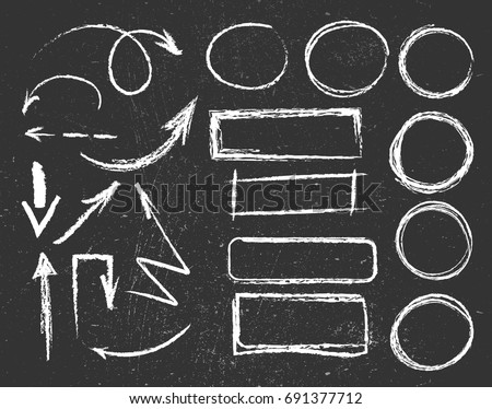 Chalk  graphic elements collection - arrows, frames, rectangle, oval and round shapes. Chalk forms on black board. Vector illustration Royalty-Free Stock Photo #691377712