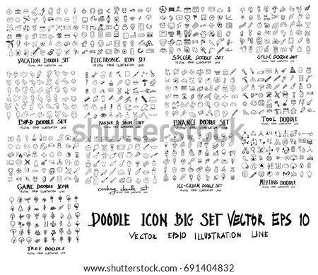 MEGA set of icon doodle of vacation, travel, electronic, soccer, football, sport, spring, wether, barber, finance, tool, construction, game, cooking, food, ice cream, meeting, tree, reward Royalty-Free Stock Photo #691404832