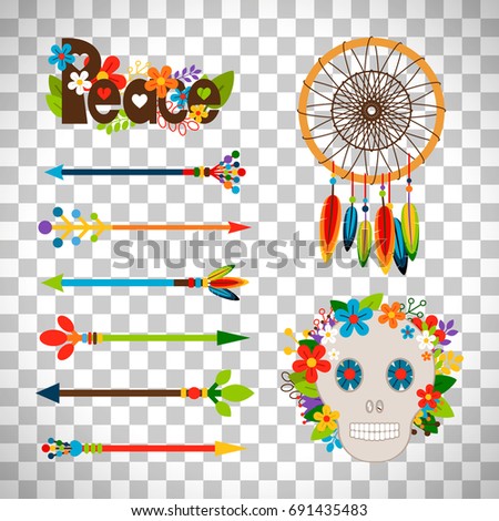 Hippie or boho elements. Vector ethnic set with arrows and skull, floral peace pattern and dream catcher isolated on transparent background