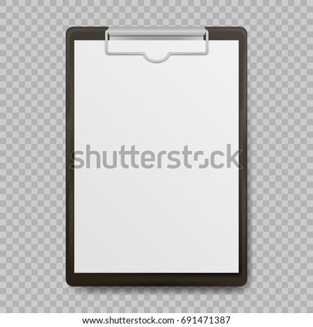 Black clipboard with blank white sheet attached on transparent background. Vector illustration. Eps 10.