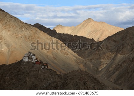 Namgyal Tsemo Monastery with background of Himalayas mountains and beautiful evening light, view from Shanti Stupa, Leh, Ladakh, India controlled Jammu and Kashmir