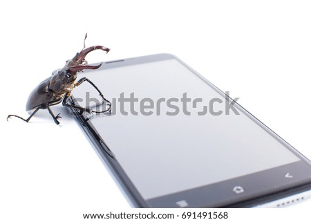 Beetle deer male on mobile modern phone. White background. Isolated