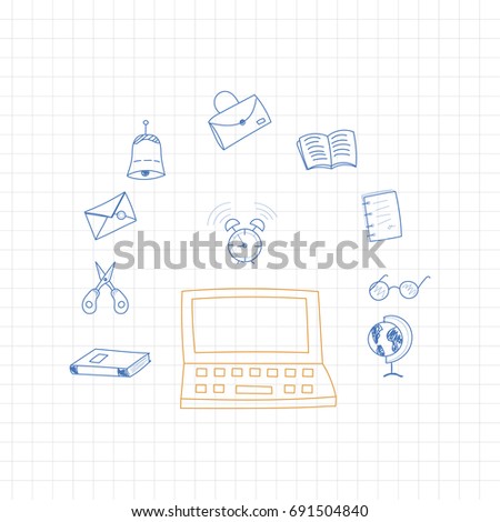 Back to school. Set of drawing vector elements with a sheet in a box. for education with endolar accessories. Vector illustration EPS 10