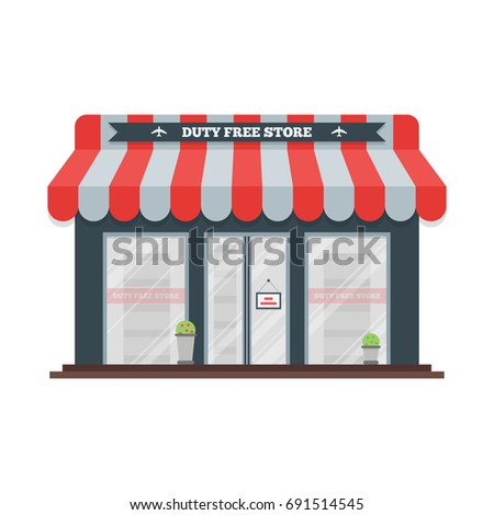  flat icon of Duty Free shop facade at airport. Isolated illustration of store building for tax free airport shopping.