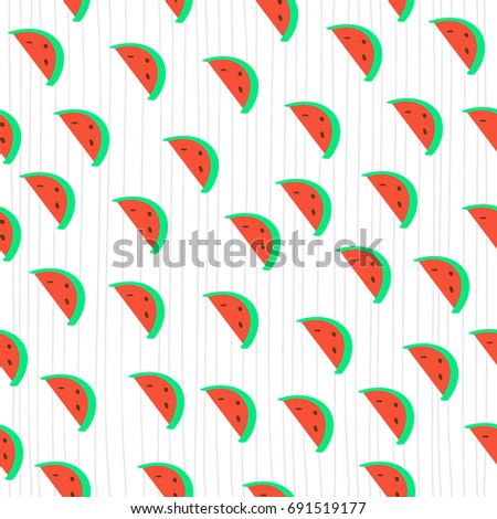 Vector watermelon seamless hand drawing pattern. Vector background with color watermelon slices. Thin striped background. Good for covers, card, postcard, invitation, poster, banners and other design