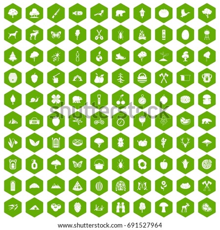 100 camping and nature icons set in green hexagon isolated vector illustration