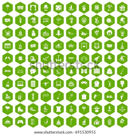 100 amusement icons set in green hexagon isolated vector illustration