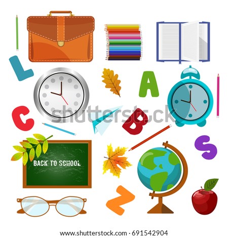 Vector illustration of Back to School supplies. School learning equipment and different school supplies colorful office accessories. Back to school big set.