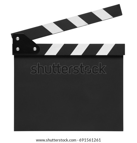 open blank black clapper board on top view vintage white wood table for the action scene or filming and shooting movie or cinema production included clipping path Royalty-Free Stock Photo #691561261