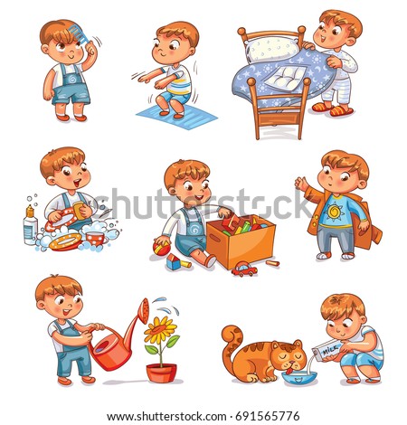 Daily routine. Child is combing his hair. Boy washes dishes. Kid is putting his toys in a box. Child makes bed. Kid himself clothes. Boy doing fitness exercise. Baby feeds a pet. Watering flowers. Set Royalty-Free Stock Photo #691565776