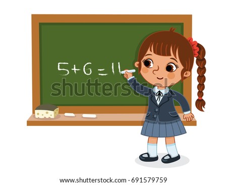 Schoolgirl writing on the blackboard. (Vector illustration)