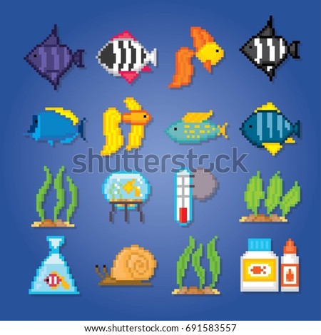 Aquarium fish icons set. Pixel art. Old school computer graphic style. Games elements.
