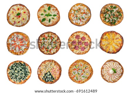Twelve different pizza set for menu. Italian and Thai fusion food traditional cuisine.Clipping path and Isolated