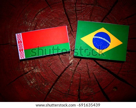 Belarus flag with Brazilian flag on a tree stump isolated