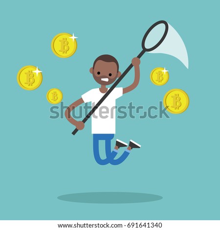 Young black character mining bitcoins. Conceptual illustration, clip art. flat editable vector