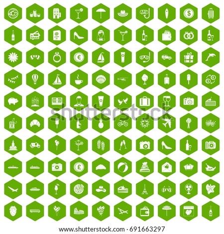 100 honeymoon icons set in green hexagon isolated vector illustration