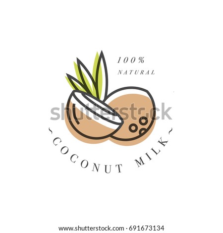 Vector set of packaging design element and icon in linear style - coconut milk - healthy vegan drink. Logo sign Royalty-Free Stock Photo #691673134