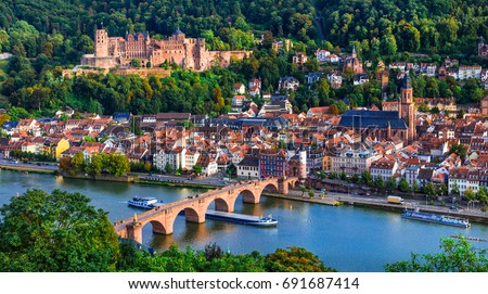 Landmarks and beautiful towns of Germany - medieval  Heidelberg . view with famous Carl Theodor bridge and castle Royalty-Free Stock Photo #691687414