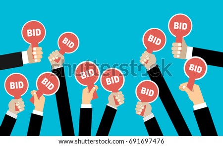Hands holding auction paddle. Flat vector illustration. Royalty-Free Stock Photo #691697476