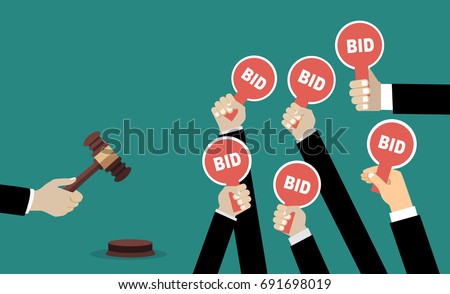 Auction and bidding concept. Hand holding auction paddle. Flat vector illustration. Royalty-Free Stock Photo #691698019
