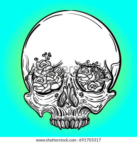 Line art illustration. Scary skull and flowers. Vintage print for St. Valentine s Day. Sketch for tattoo, hipster t-shirt design, vintage style posters.