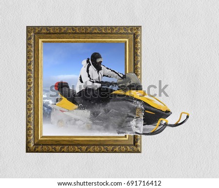Snowmobile in old wooden frame with 3d effect