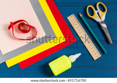 Making greeting card in form of pencil for new school year. Welcome back to school. Children's art project. DIY concept. Step-by-step photo instruction. Step 1. Preparation of materials and tools
