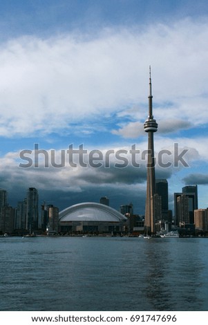Toronto skyline in dusk, view from the Ontario Lake
