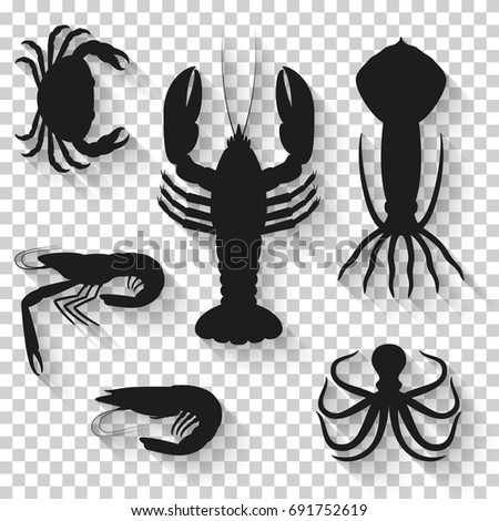 Seafood icons set. Silhouette icons with shadow on transparent background. Vector illustration. 