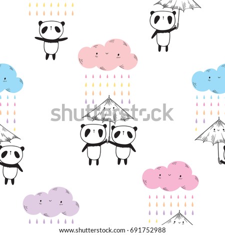 Seamless pattern with cute pandas, umbrellas and colored funny clouds for kids textile, wallpapers, gift wrap and scrapbook.  Vector illustration.