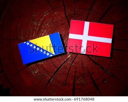 Bosnia and Herzegovina flag with Danish flag on a tree stump isolated