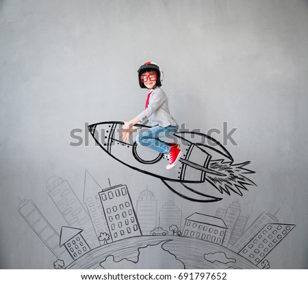 Portrait of young child pretend to be businessman. Kid playing at home. Success, idea, and creative concept. Copy space for your text Royalty-Free Stock Photo #691797652