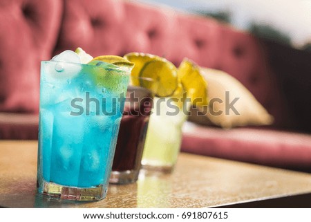 Summer cocktails, different colors and taste