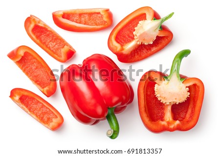 Red peppers isolated on white background. Top view Royalty-Free Stock Photo #691813357