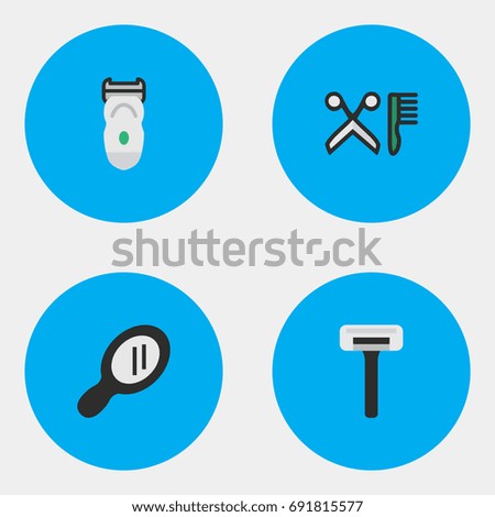 Vector Illustration Set Of Simple Shop Icons. Elements Shaver, Electronic, Comb And Other Synonyms Razor, Electronic And Hairdresser.