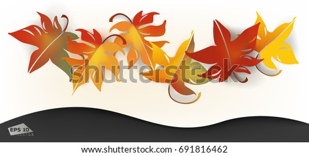 Autumn maple leaves on a sheet of paper with paper edge on black background. Autumn theme backdrop
