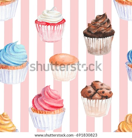 Watercolor  cupcakes seamless pattern