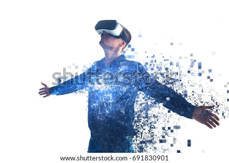 A person in virtual glasses flies to pixels. The man with glasses of virtual reality. Future technology concept. Modern imaging technology.
