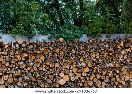 Folded wooden logs. Chop the wood for the winter. Cross section of the tree. Wooden background