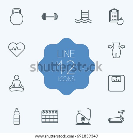 Set Of 12 Fitness Outline Icons Set.Collection Of Pulse, Yoga, Pool And Other Elements.