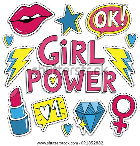 GIRL POWER. Fashion Badges, Patches, Stickers set with star, diamond, lipstick, lips and other in Pop Art Comic Style. Vector illustration. Feminism slogan 