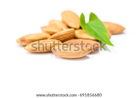 close up of almonds with green leaves on a white background room for print