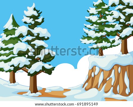 Snow on trees and mountain illustration