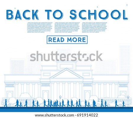 Outline Back to School. Banner with School Bus, Building and Students. Vector Illustration.